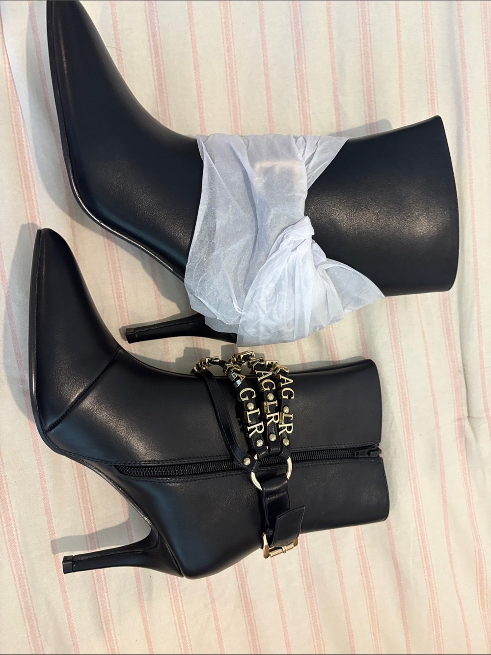 Black Pointed Toe Heeled Ankle Boots with Gold Chain Detail